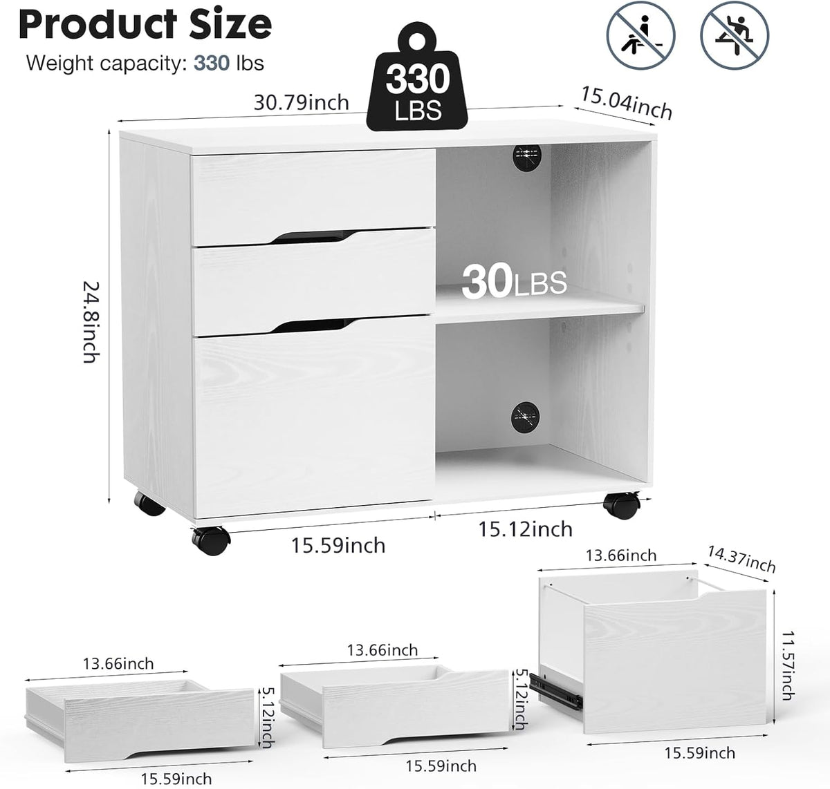 Lateral File Cabinet with 3 Drawers Rolling Filing Cabinets Under