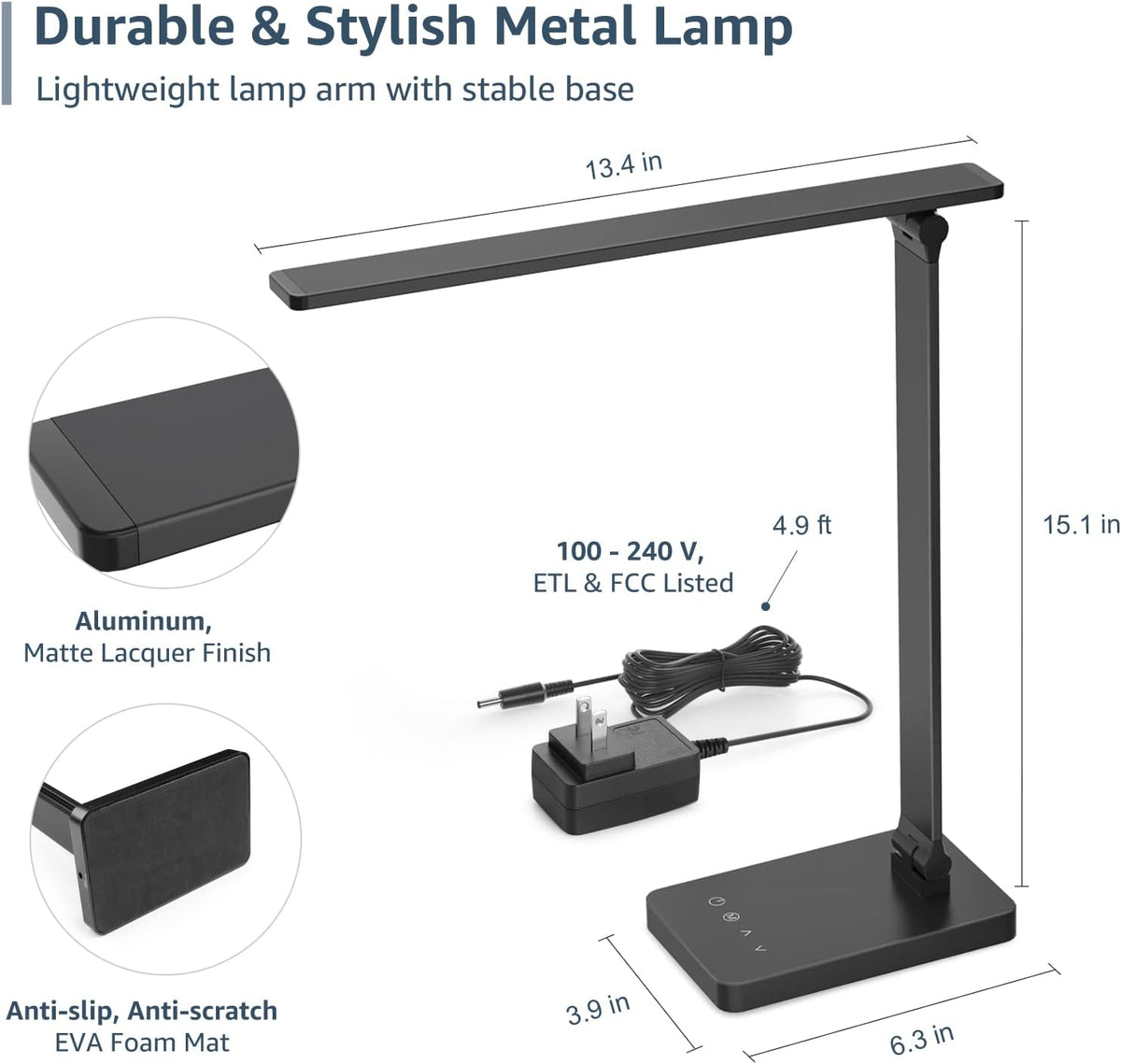 LED Desk Lamp with USB Charging Port, Black