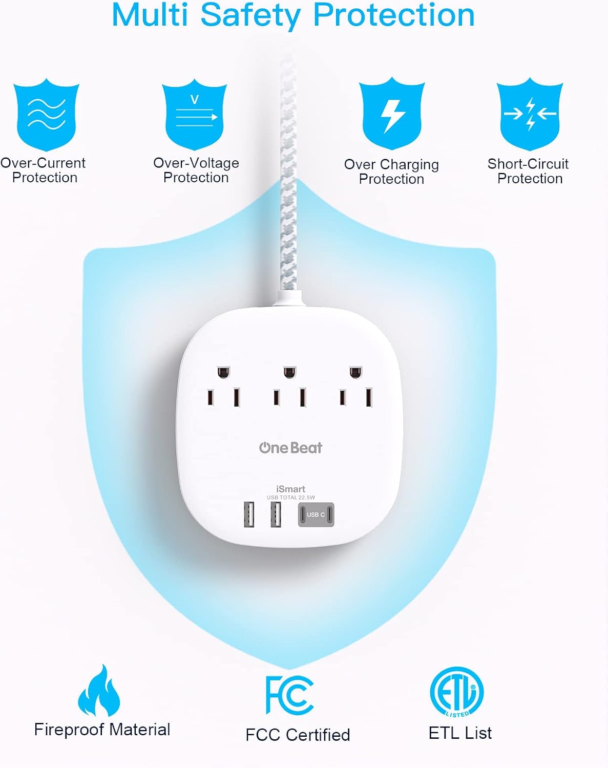 Flat Plug Power Strip, 6ft Ultra Flat Extension Cord