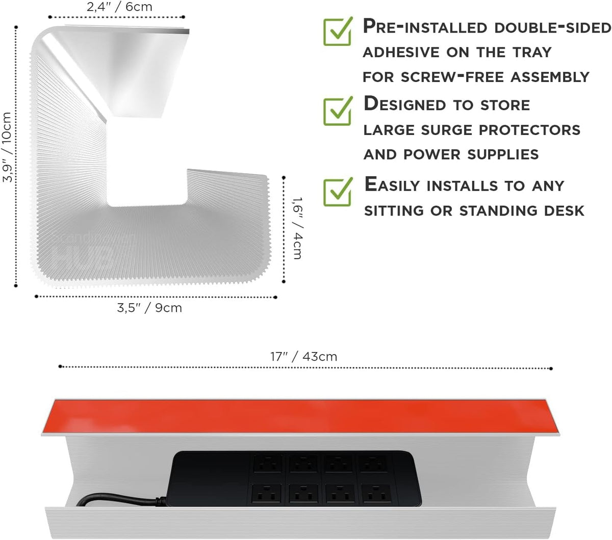 No-Screw Under Desk Cable Management Tray, White