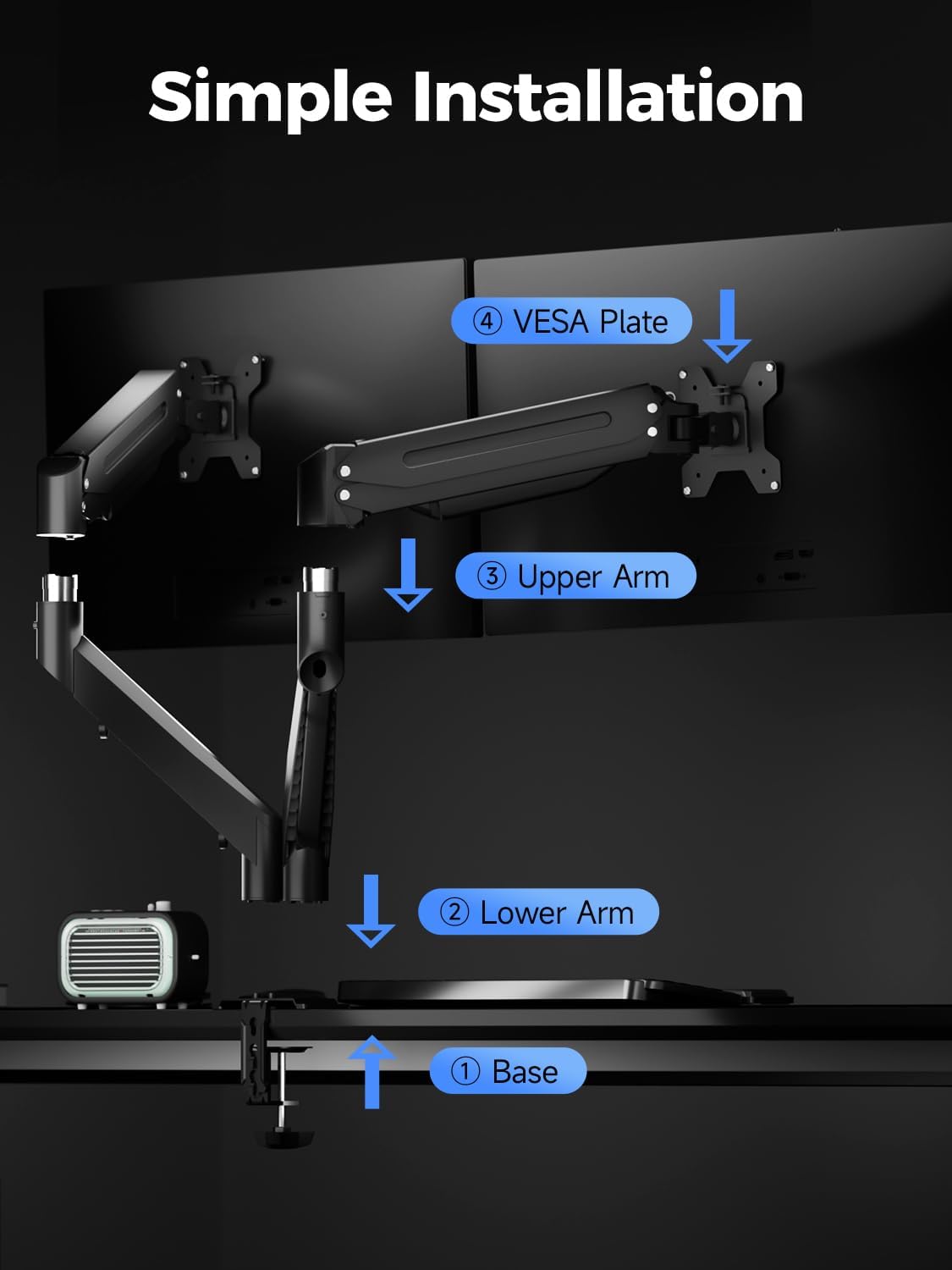 Dual Monitor Mount Stand-Height Adjustable Gas Spring Monitor Arm