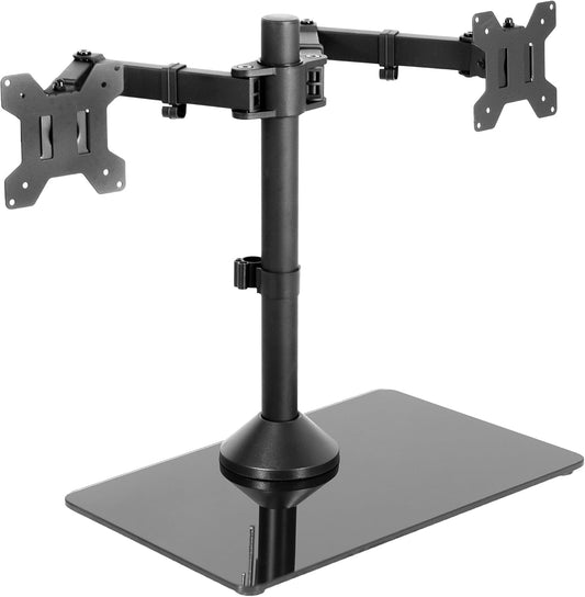 Freestanding Dual Monitor Stand with Sleek Glass Base and Adjustable