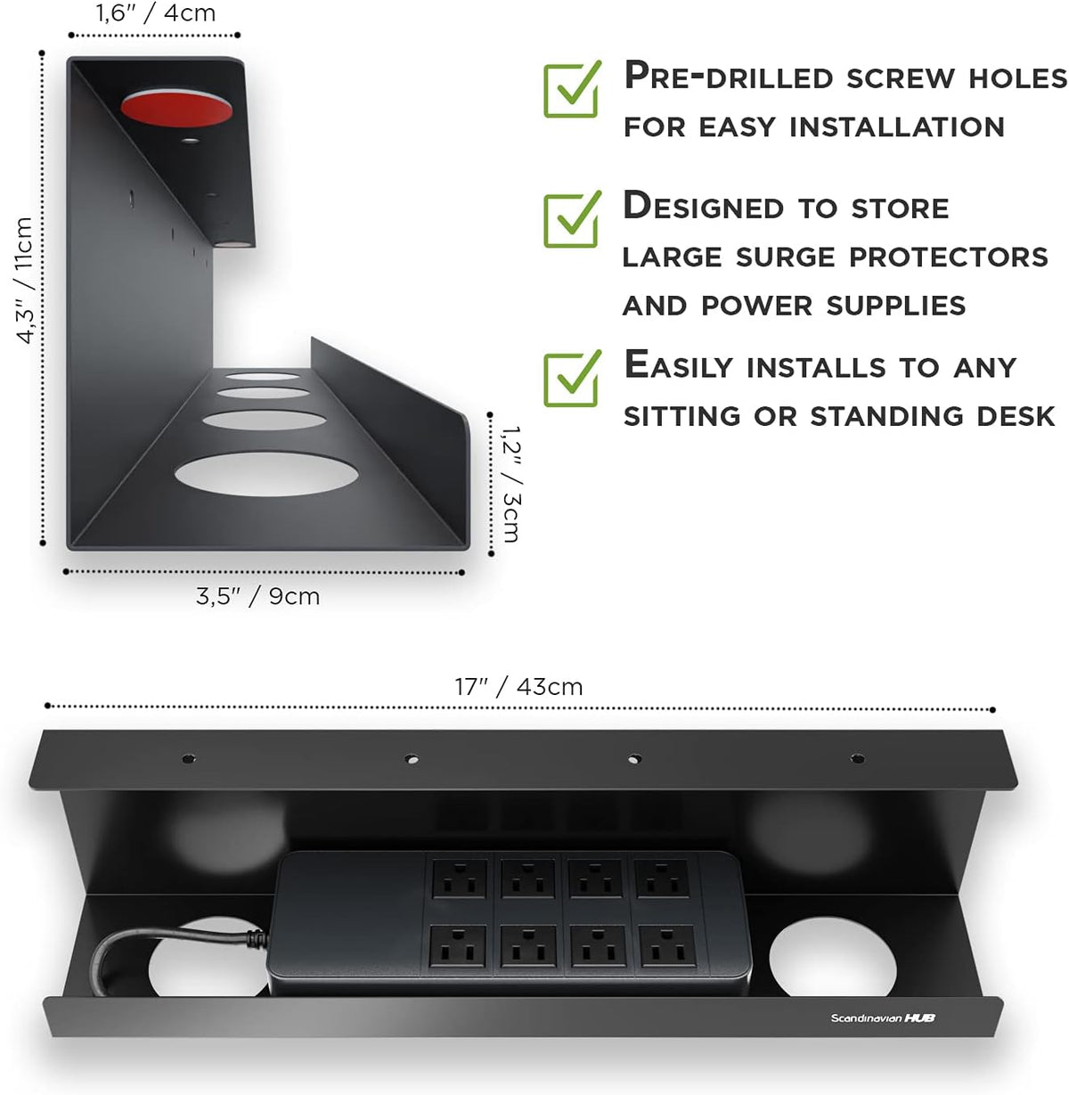 Under Desk Cable Management Tray, Black