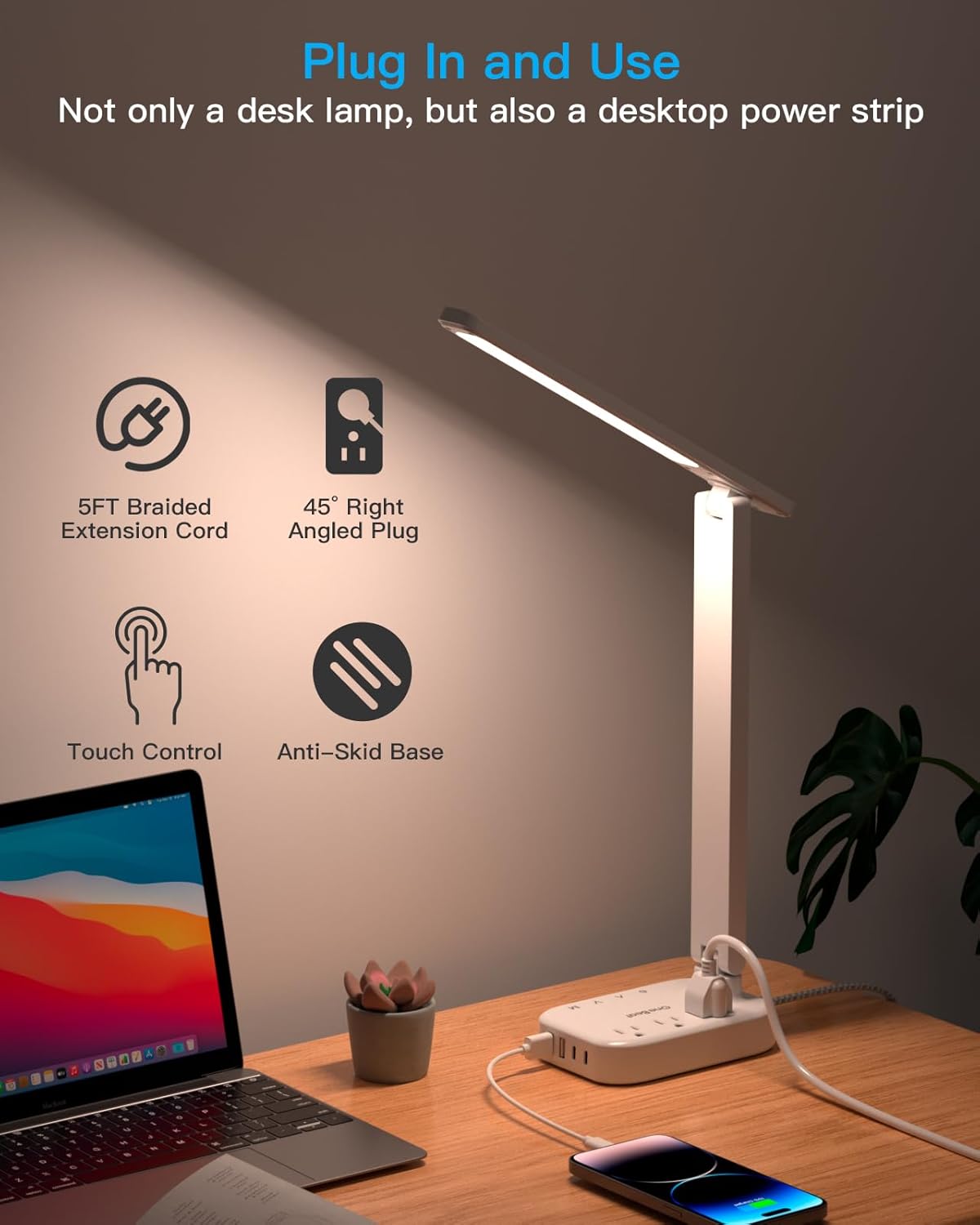 LED Small Desk Lamp Power Strip 5ft Extension Cord