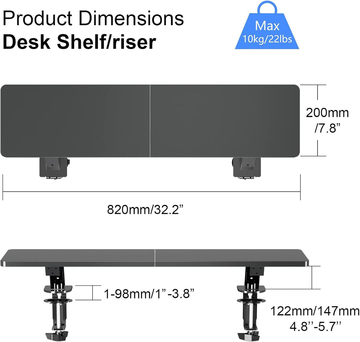 Clamp-on 32 Inch Dual Monitor Desk Mount Riser Shelf Computer Stands