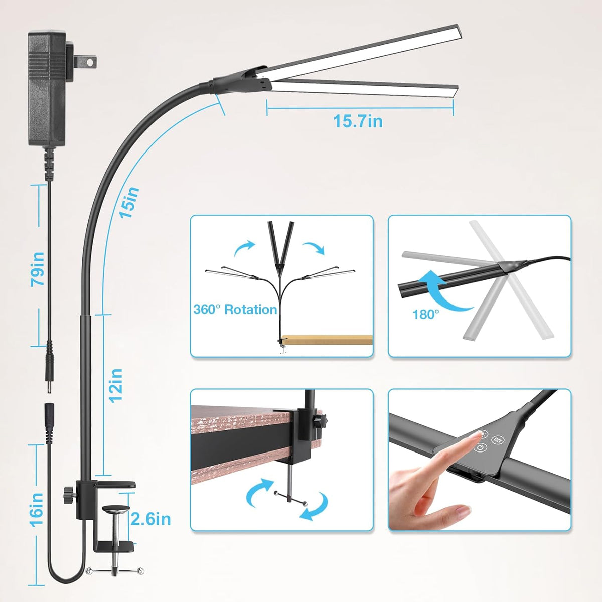 Hensam Desk Lamp for Office Home, 31.5" Desktop Lighting Bar with Gooseneck, Clip on Desk Light with Clamp, Bright Dimmable Table Lamp for Study, Work, Computer, Monitor, Reading