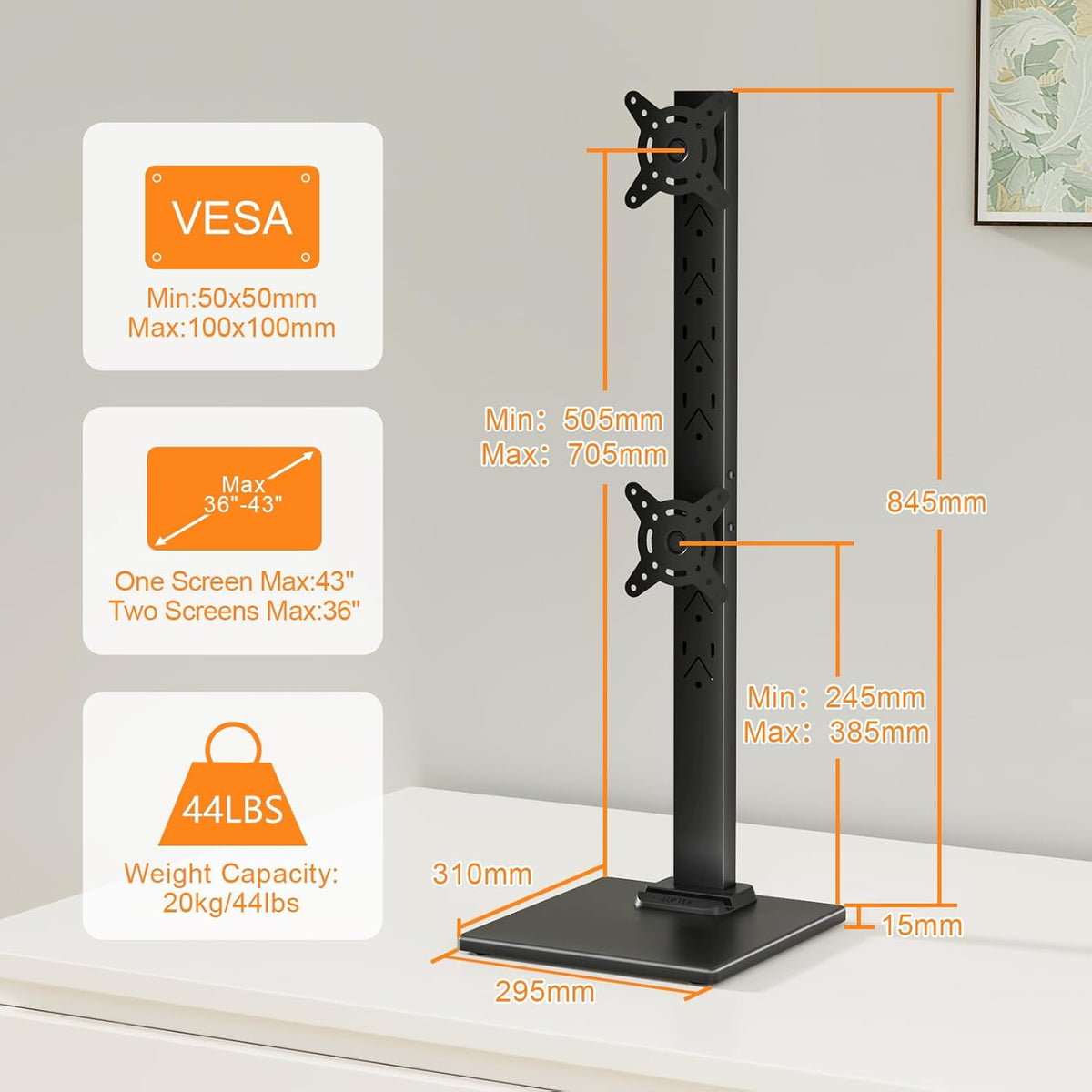 Dual Monitor Stand with Base- Vertical Stack Screen Free-Standing