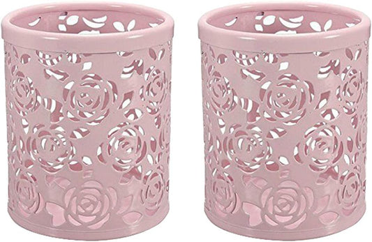 Hollow Rose Flower Pattern Metal Pen Pencil Pot Cup Holder