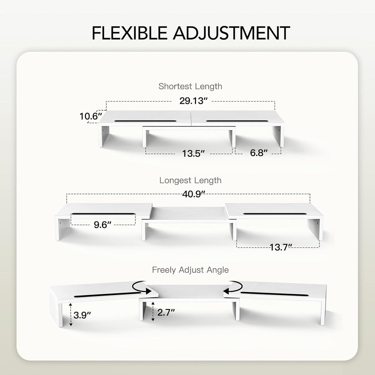 Dual Monitor Stand Riser- 3 Shelf Screen Stand with Adjustable Length, White