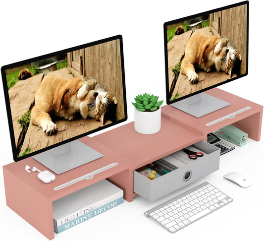 Dual 3 Shelf Computer Riser with Drawer