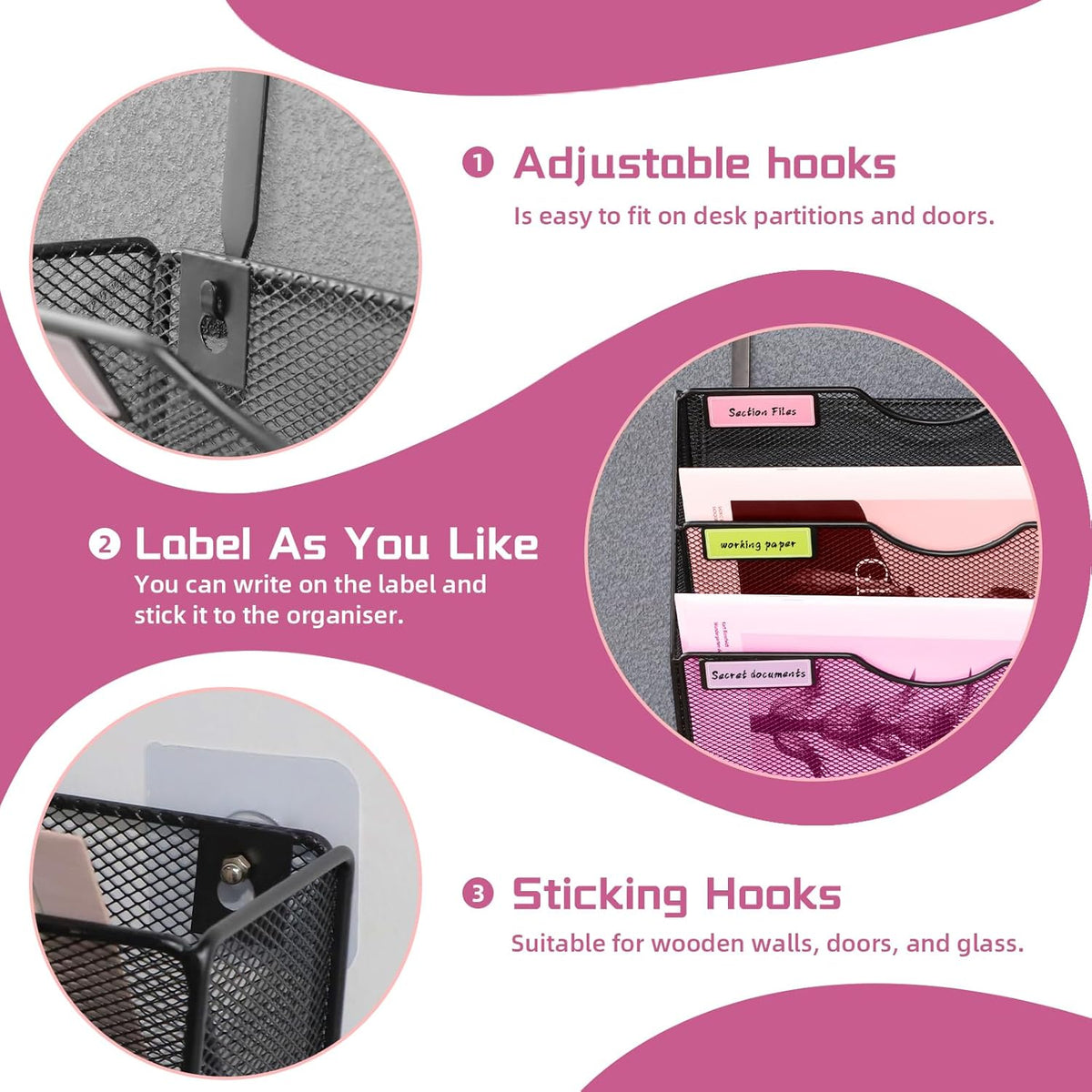 3 Pockets Mesh Wall File Holder Organizer Office Hanging File Folder