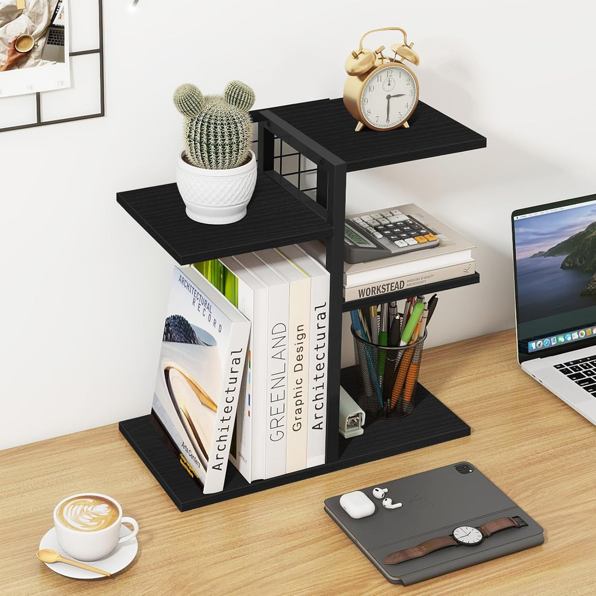 Desktop Bookshelf, 4 Tier Wood Desk Organizer Shelf