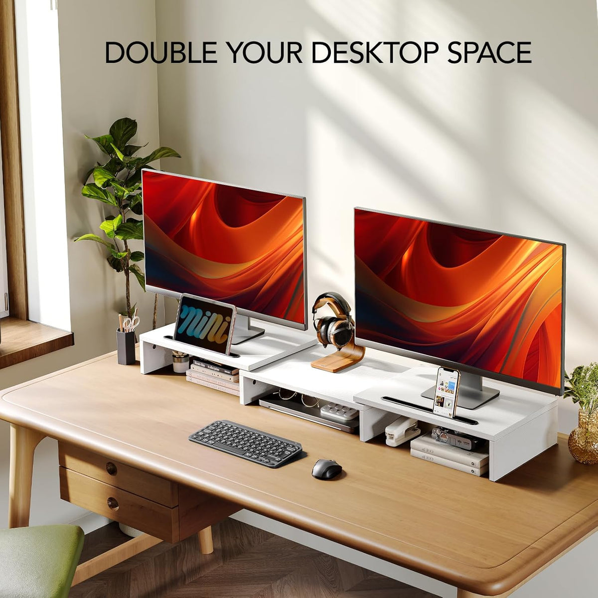 Dual Monitor Stand Riser- 3 Shelf Screen Stand with Adjustable Length, White