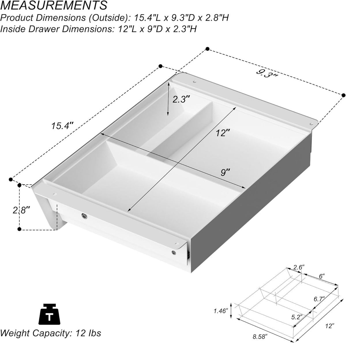 White Under Desk Drawer with Removable Tray