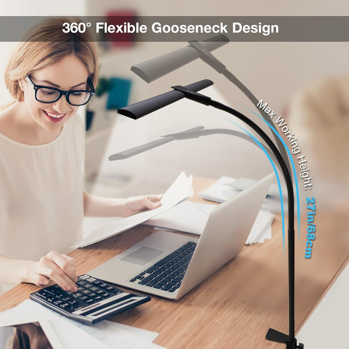 Hensam Desk Lamps for Home Office, Eye-Caring Architect LED Desk Light with Adjustable Brightness, Dual Monitors Task Lighting with Clamp, for Workbench, Study, Drafting, 1400 lm