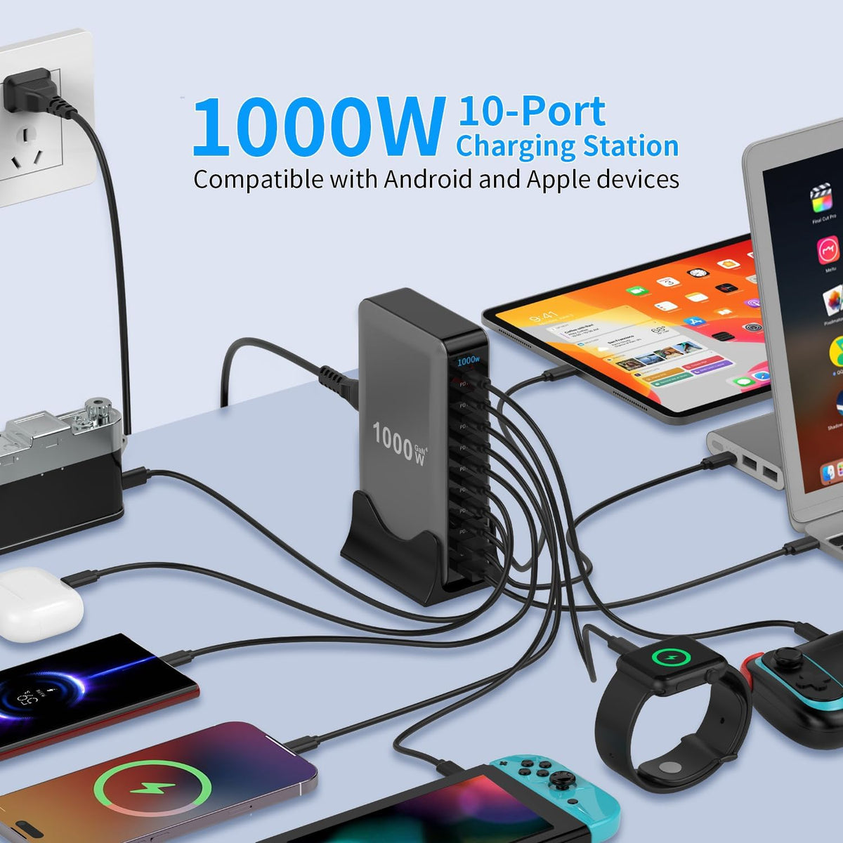 1000W 10-Port GaN 4 Desktop Charging Station with 240W 6.6 ft Data