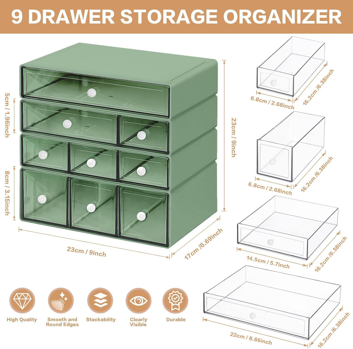 Desk Storage Organizer with 9 Drawers, Clear