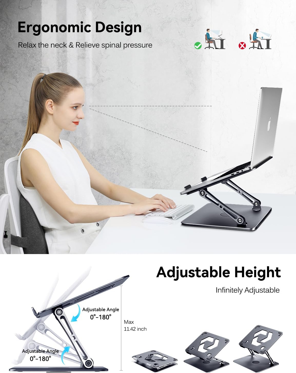 Adjustable Laptop Stand with 360° Rotating Base, Gray