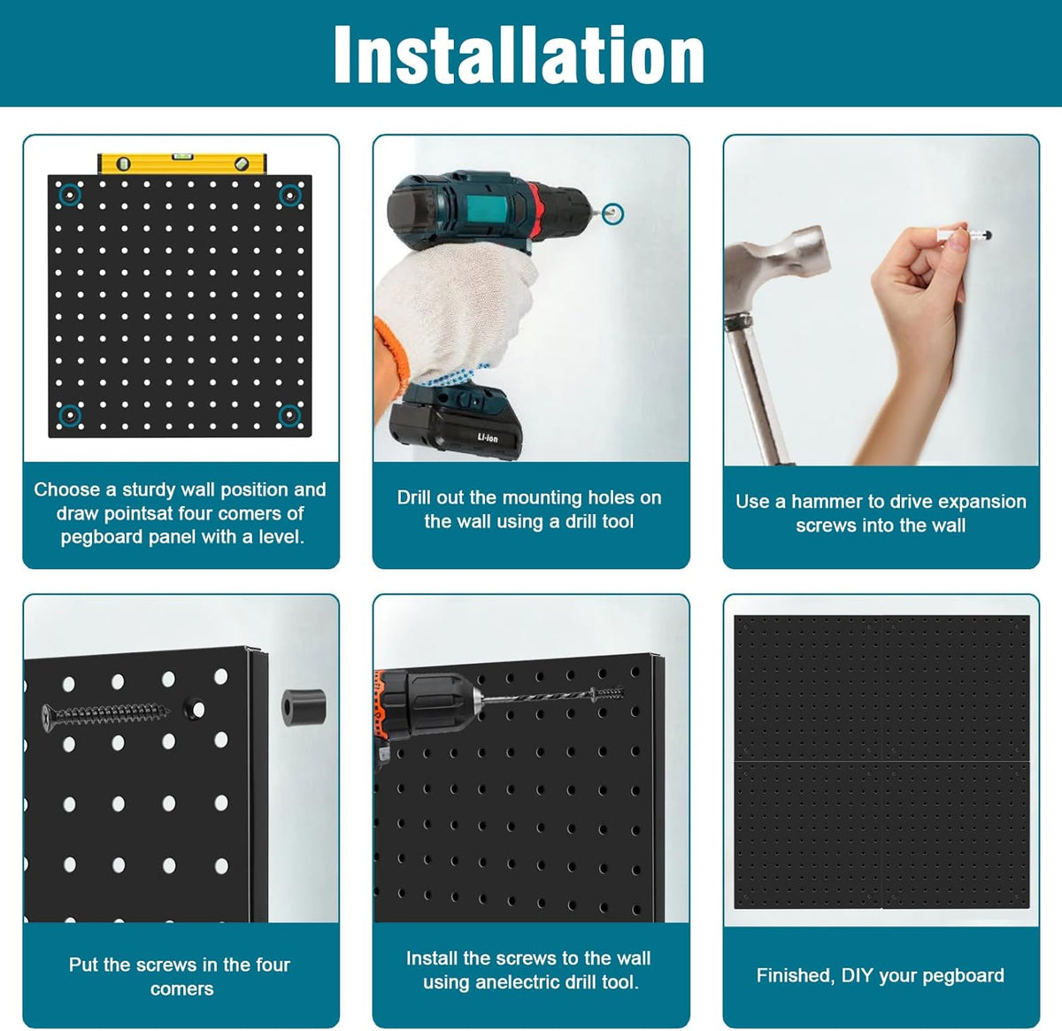 Peg Board Kit, Includes Pegboard and Accessories, Black