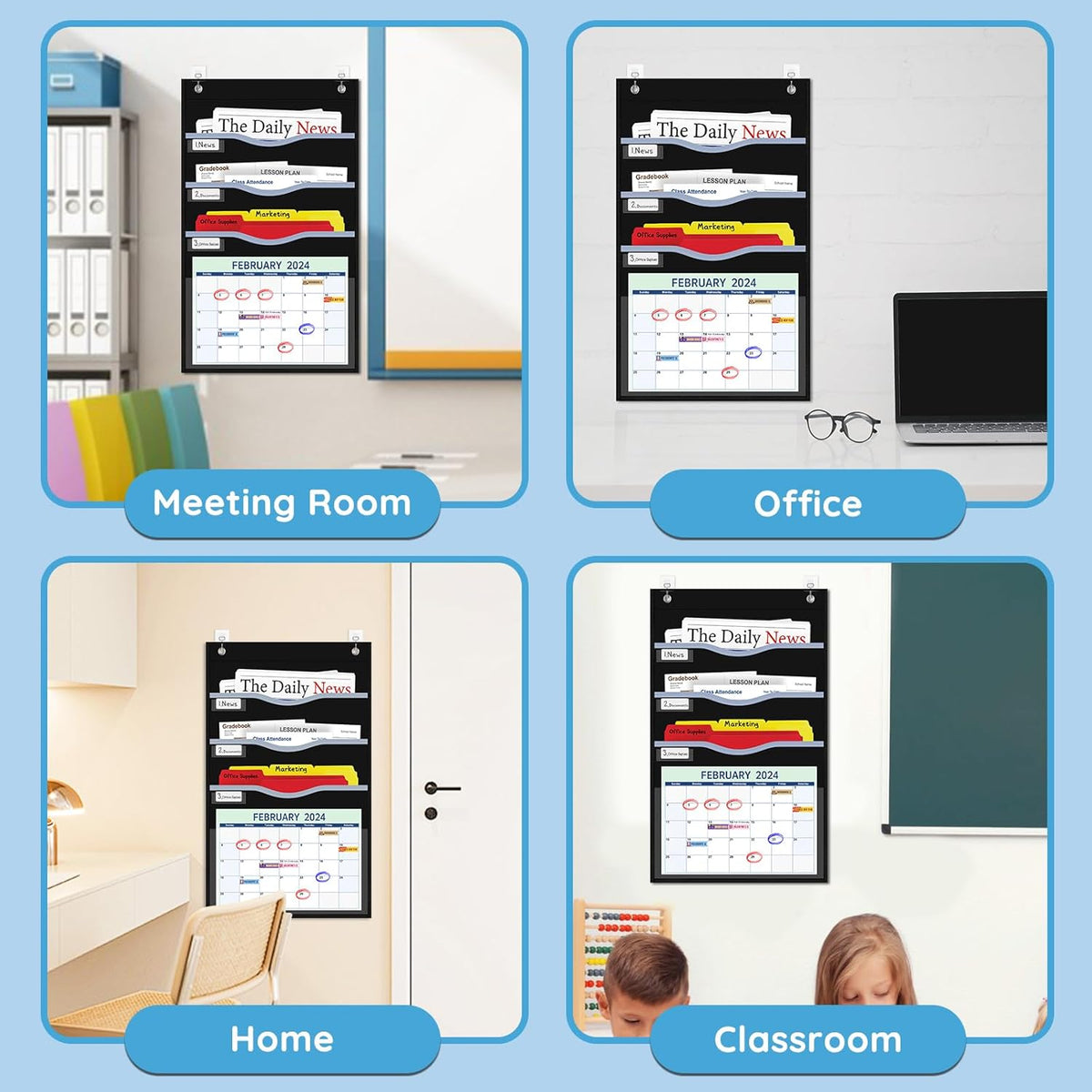 4 Pockets Hanging Wall File Organizer 15" Extra Wide Pocket Chart