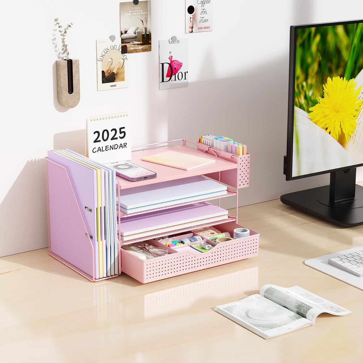 Wood Desk Organizers and Accessories with File Holder, 4-Tier