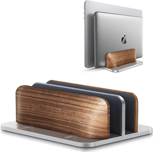 Vertical Laptop Stand, [Dual Slot Wooden + Aluminum Laptop Holder]