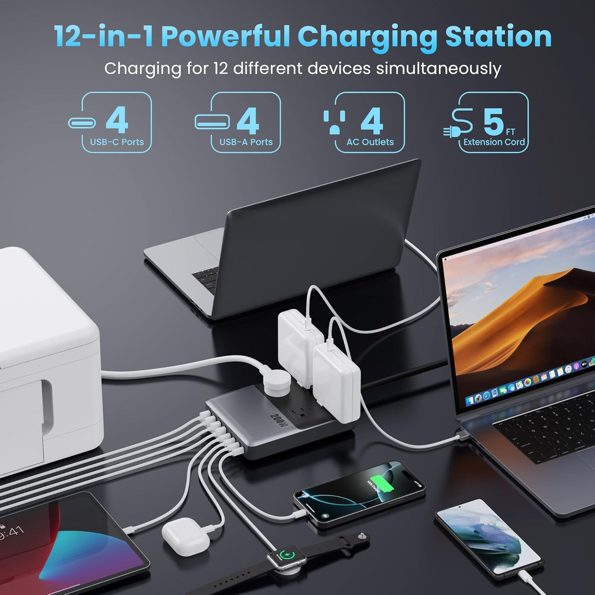 12-in-1 Charging Station USB C Power Strip with 5ft Cord and Plug