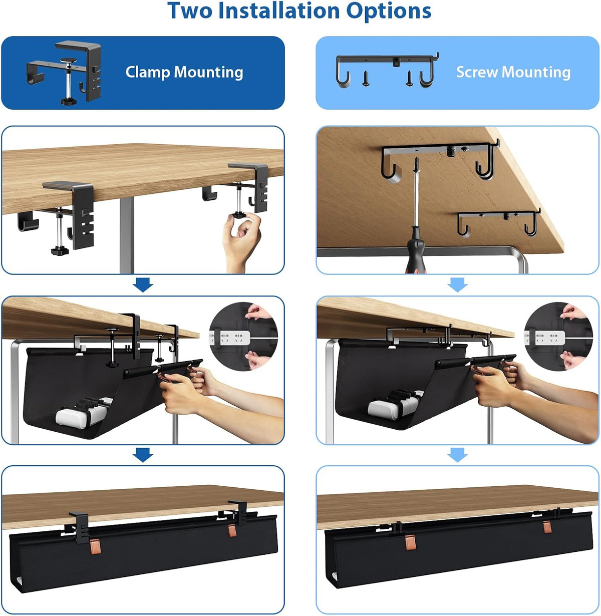 No Drill Under Desk Cable Management Tray 40" Cord Organizer