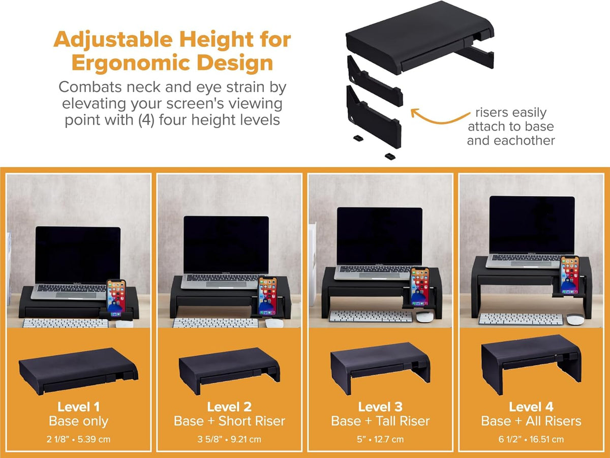 Konnect Adjustable Monitor Riser with Drawer & Cell Phone Holder