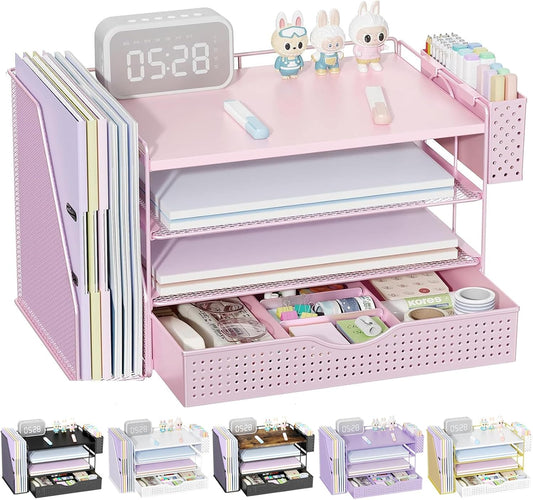 Wood Desk Organizers and Accessories with File Holder, 4-Tier
