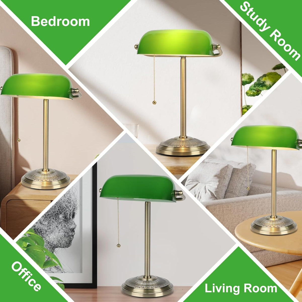 Bankers Lamp, Green Desk Lamp with Brass Finish