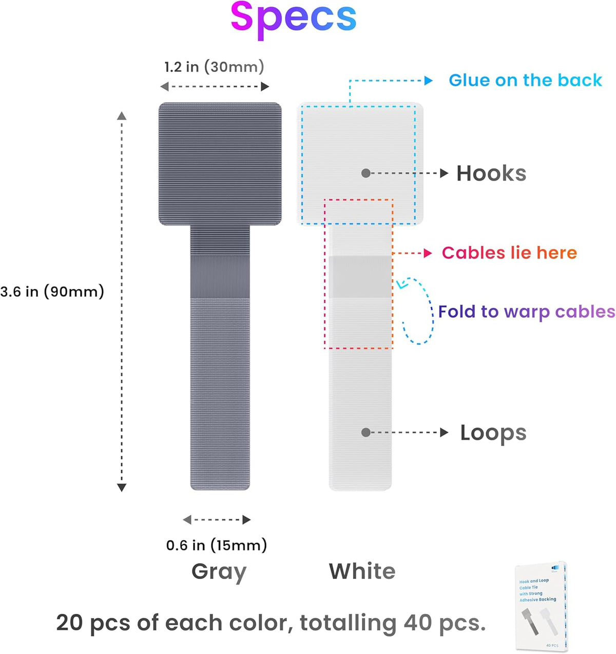 Hook and Loop Cable Ties, 40Pcs