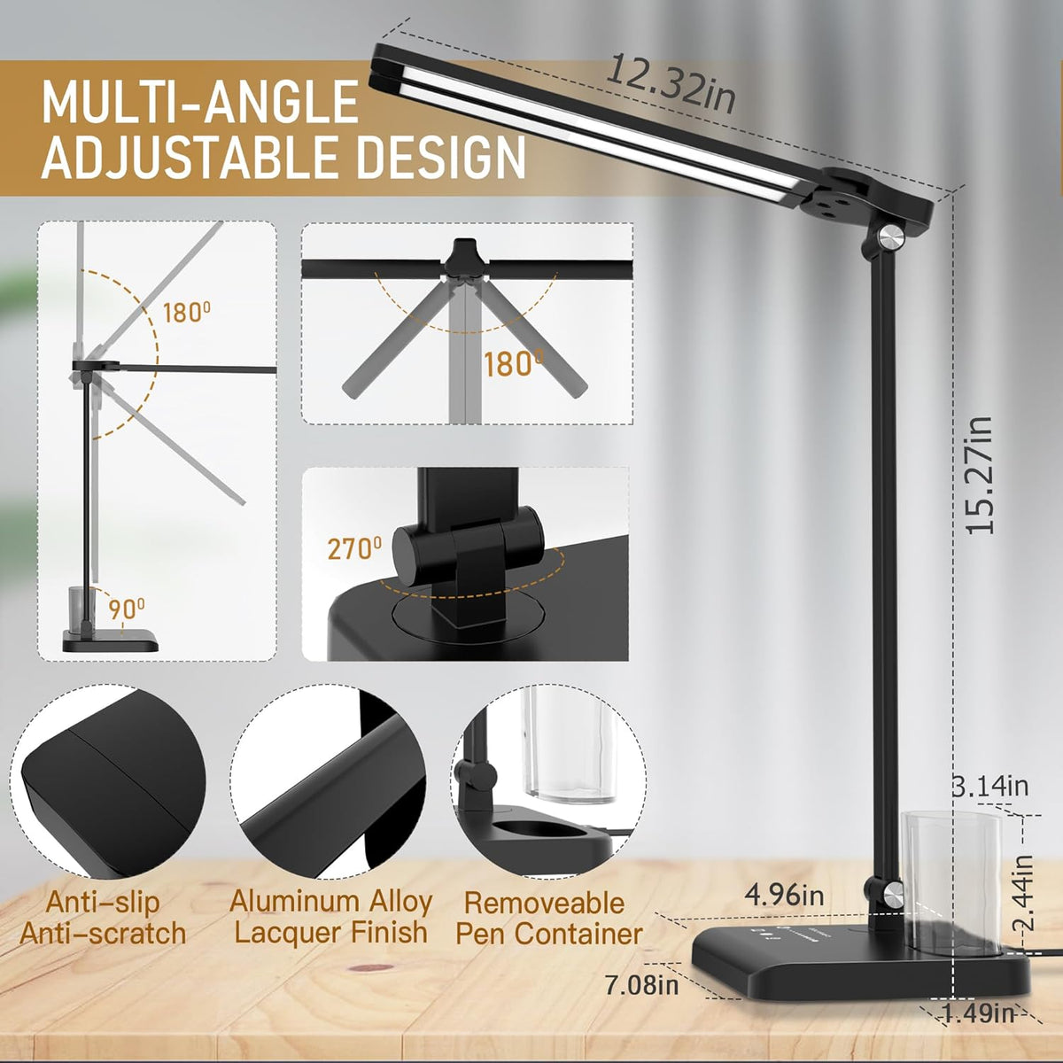 Dimmable LED Desk Lamp with USB Charging Port Bright