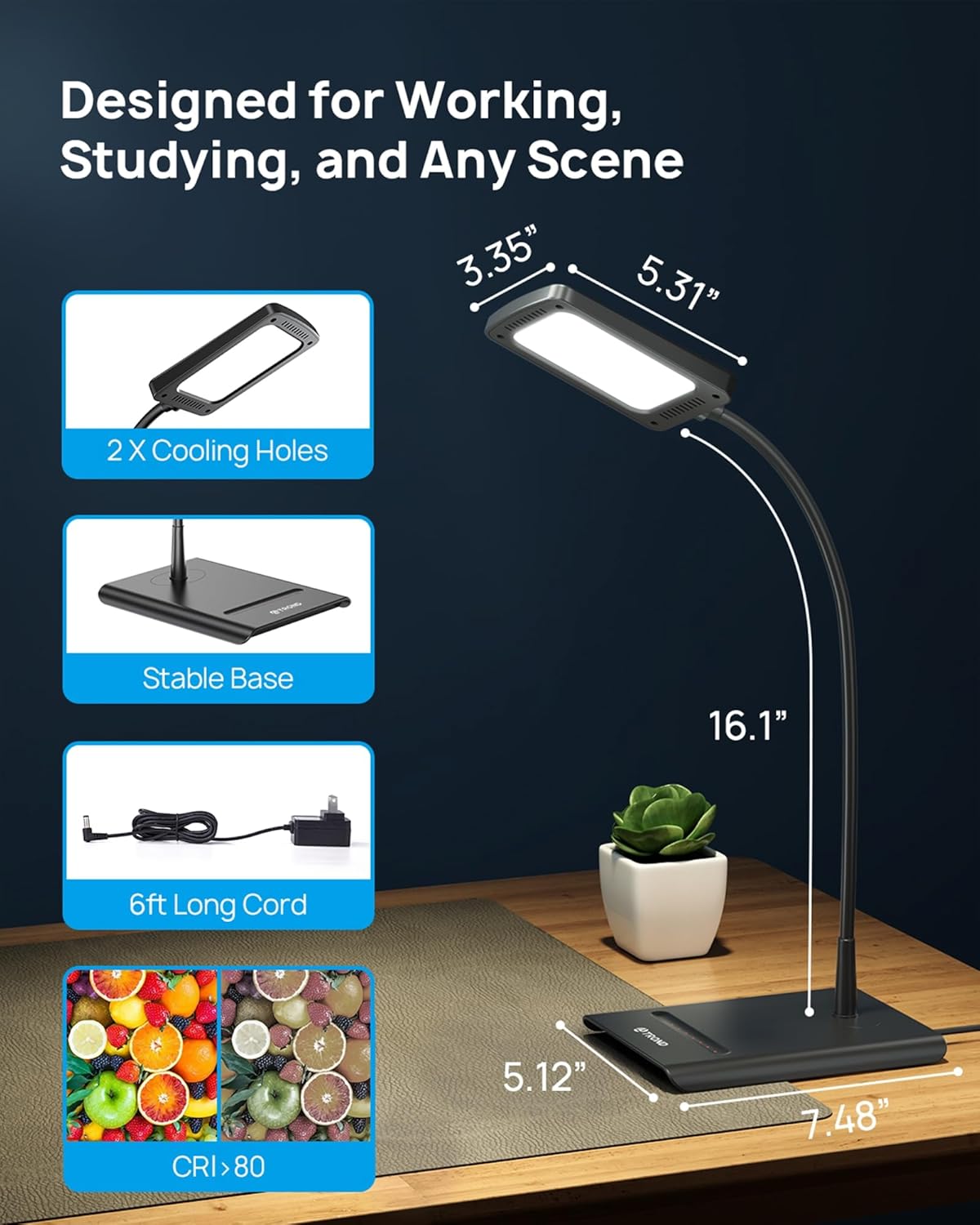 Desk Lamp, Bright Dimmable Eye-Caring Table Lamp
