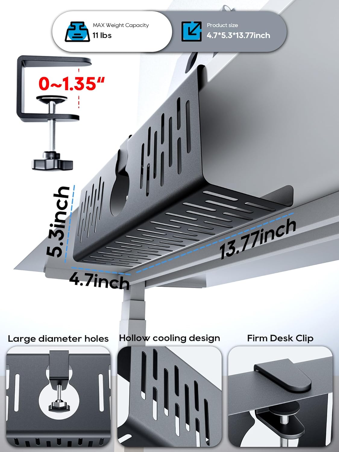 No Drill Under Desk Cable Management Tray, Black