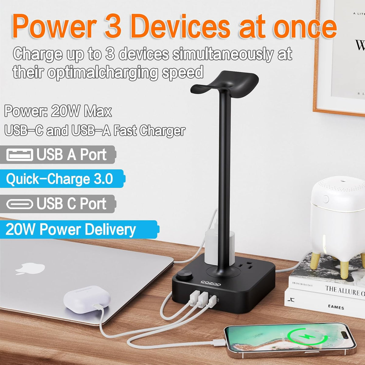 Headphone Stand with USB Charger Desktop Gaming Headset Holder Hanger