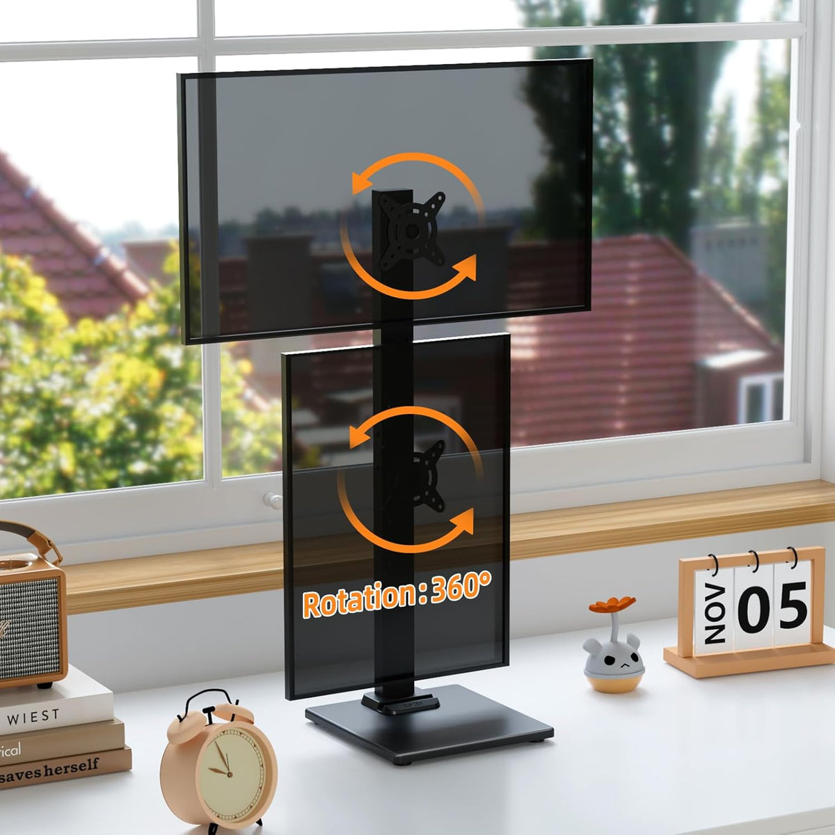 Dual Monitor Stand with Base- Vertical Stack Screen Free-Standing