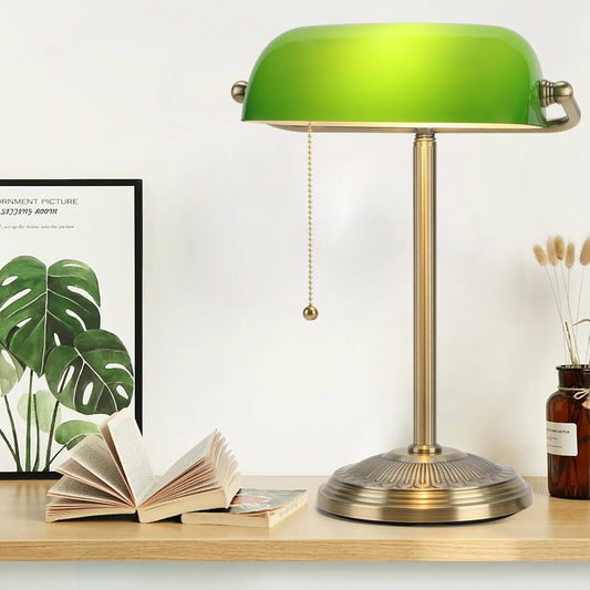 Bankers Lamp, Green Desk Lamp with Brass Finish