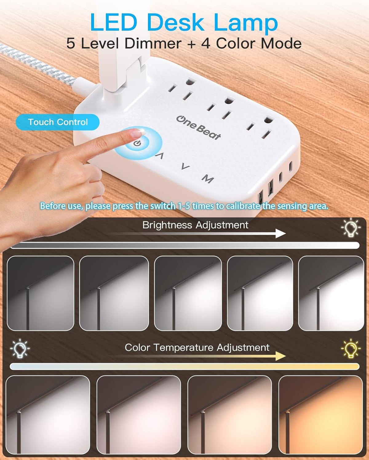 LED Small Desk Lamp Power Strip 5ft Extension Cord