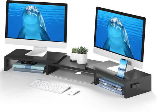 Dual Monitor Stand Riser with Smartphone Holder, Black