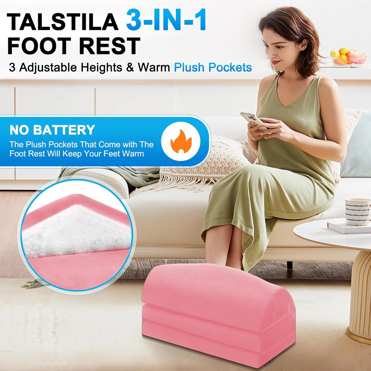 TALSTILA Foot Rest for Under Desk at Work, Under Desk Footrest, Ergonomic 3 Adjustable Heights Footrest, Footrest with Feet Warm Pocket, for Office Desk & Office Chair - Back & Leg Hip Pain Relief