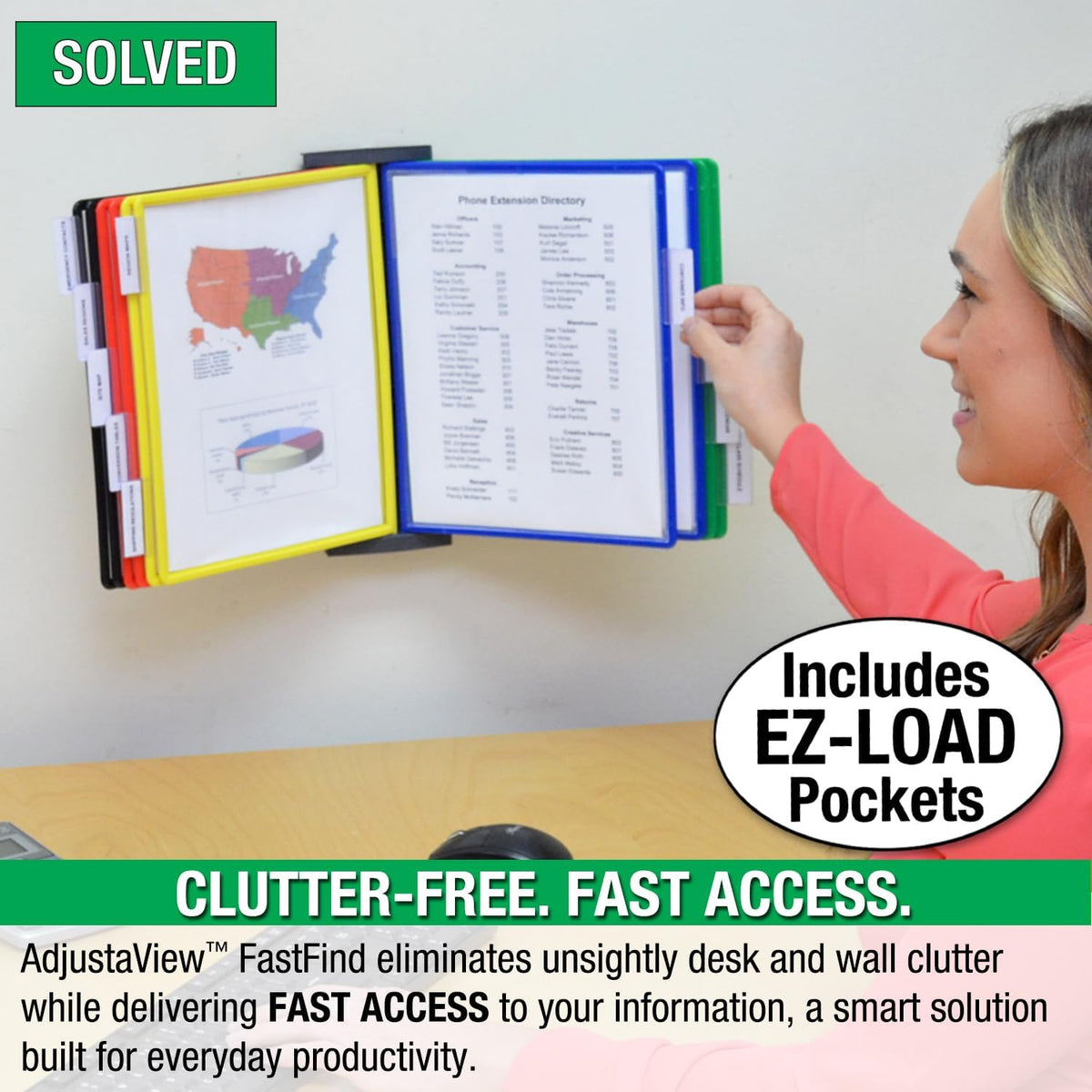 AdjustaView 10-Pocket Wall Reference Organizer with Easy-Load Pockets