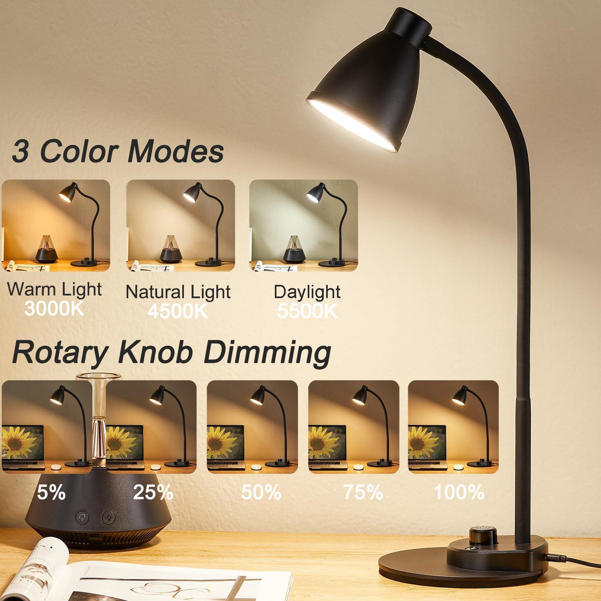 LED Desk Lamp with USB Charging Port 3 Color Modes Dimmable Reading