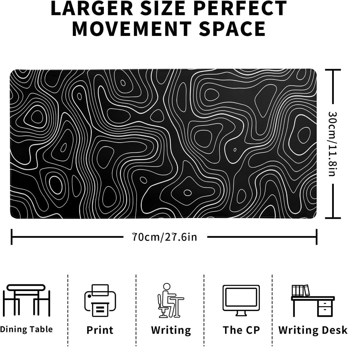 Topographic Contour Gaming Mouse Pad Black Large Mouse Pad