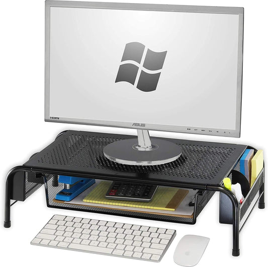 Metal Desk Monitor Stand Riser with Organizer Drawer, Black