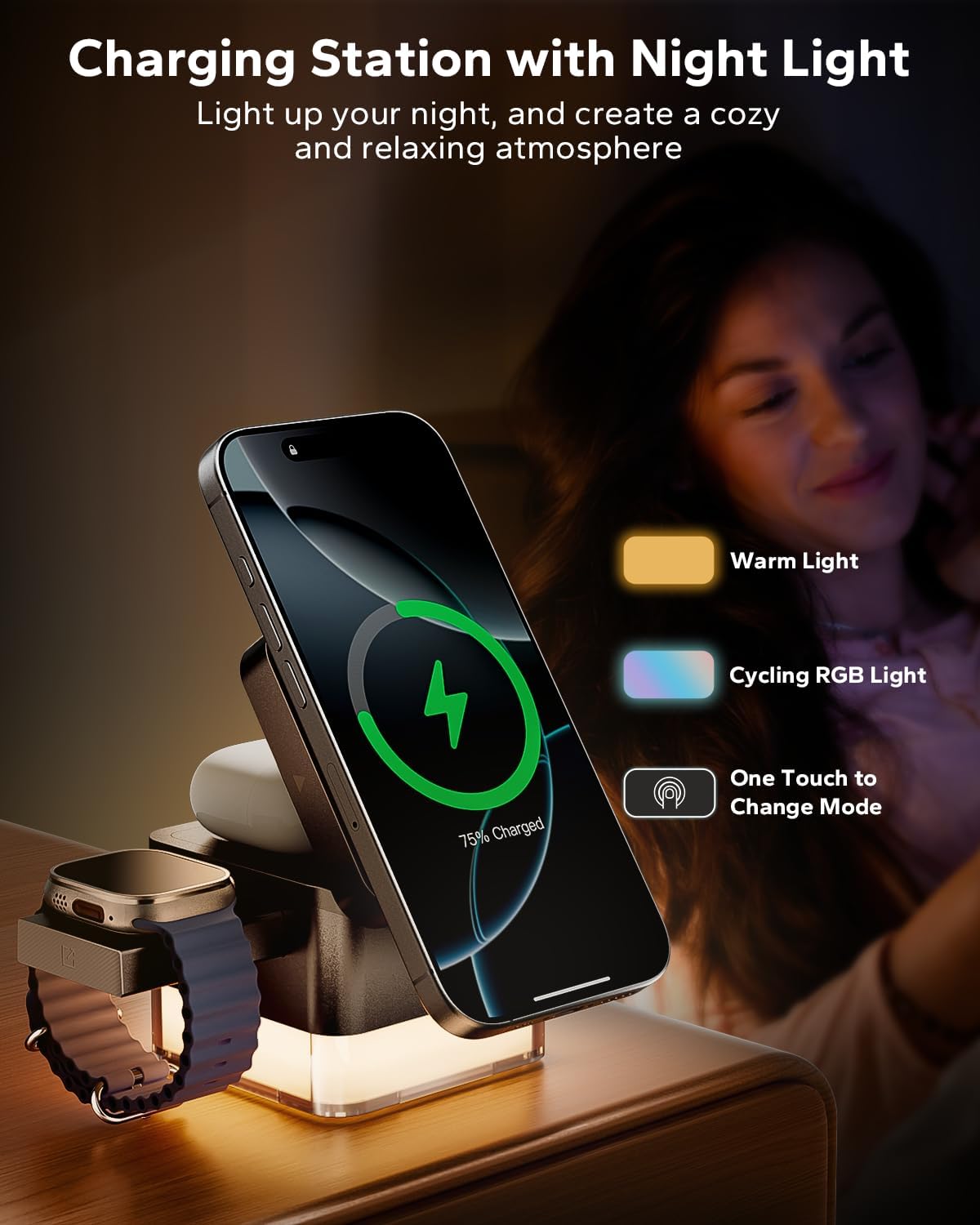 KPON for iPhone Nightstand Charging Station,15W 3 in 1 Wireless Phone Charger Stand with Night Lamp, Travel Foldable Magnetic Cube Magsafe Dock for iPhone 17 16 15 14 13 12 Series/Apple Watch/Airpods