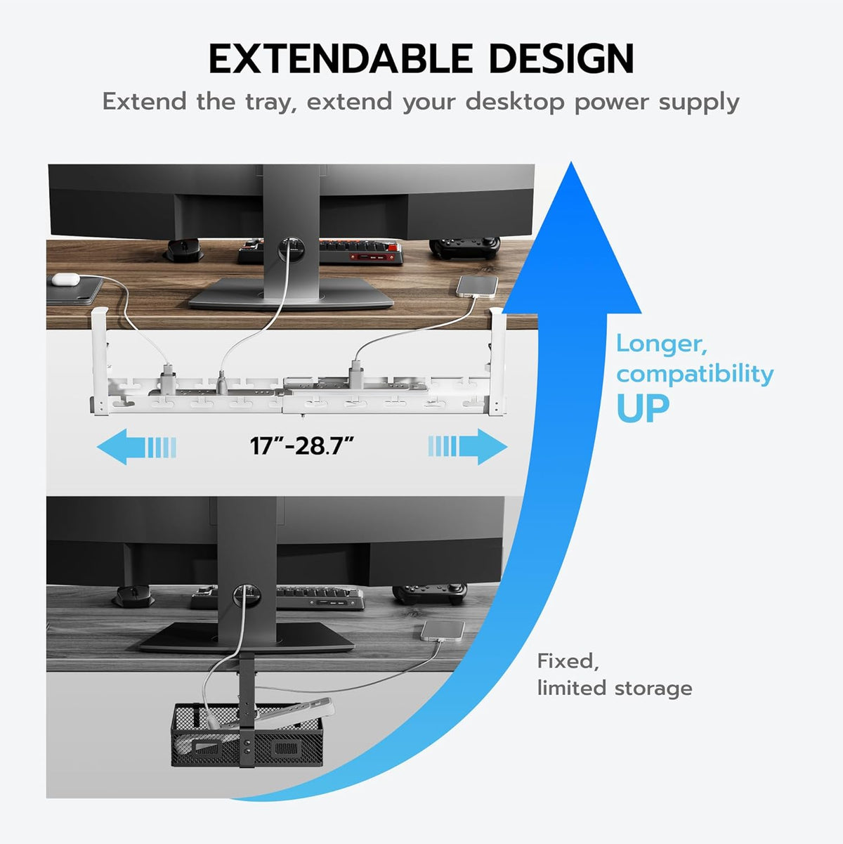 17"-28.7" Extendable Under Desk Cable Management Tray with Cable Slots