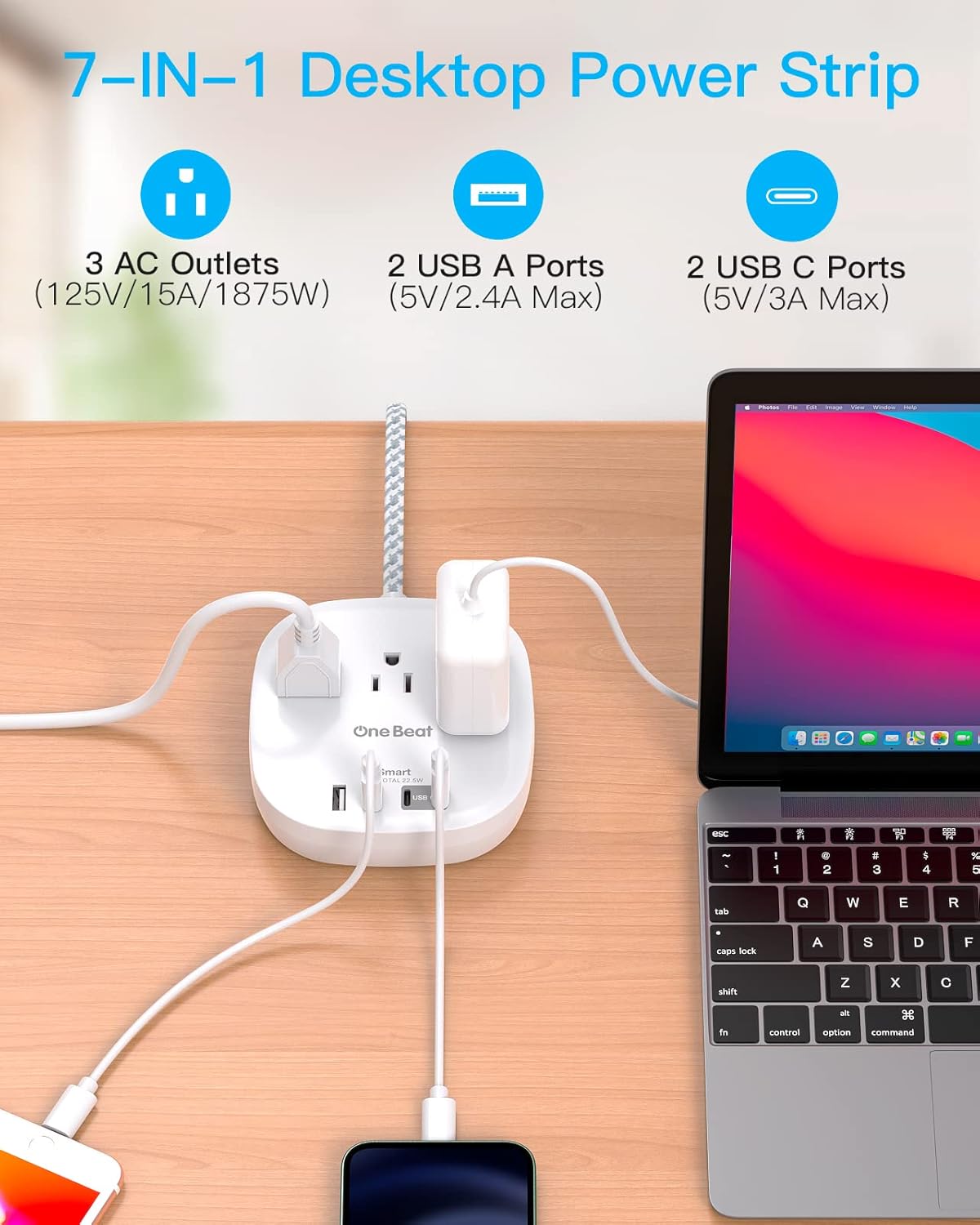 Flat Plug Power Strip, 6ft Ultra Flat Extension Cord