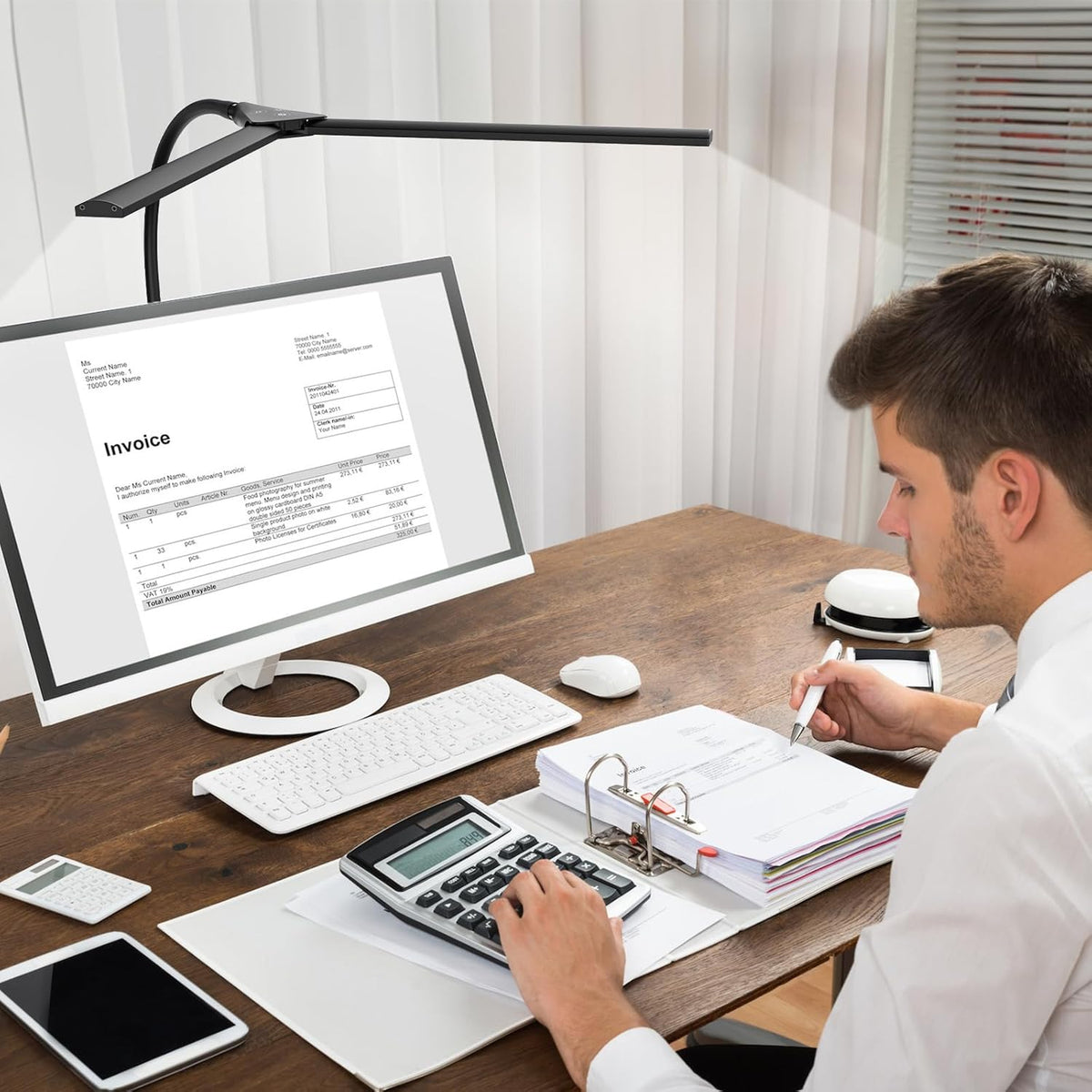 Hensam Desk Lamps for Home Office, Eye-Caring Architect LED Desk Light with Adjustable Brightness, Dual Monitors Task Lighting with Clamp, for Workbench, Study, Drafting, 1400 lm