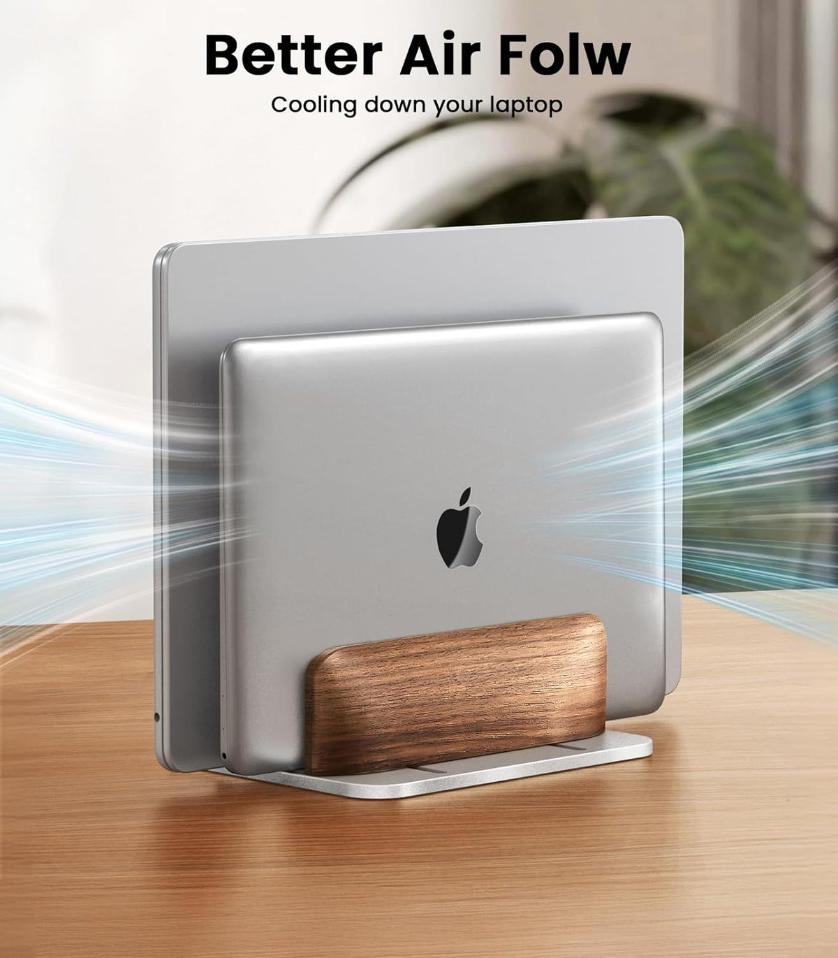 Vertical Laptop Stand, [Dual Slot Wooden + Aluminum Laptop Holder]